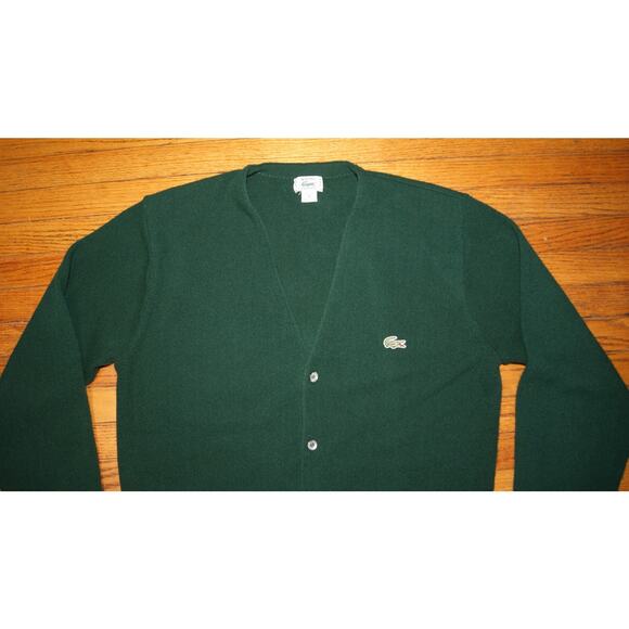 Vintage Izod Lacoste Green Cardigan Sweater M USA Made Orlon Acrylic Preppy Logo - Picture 2 of 9